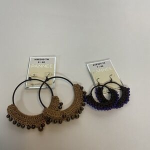 Pannee Lot of 2 Boho Woven Hoop Earrings RingingBrown Beaded & Black Purple Drop